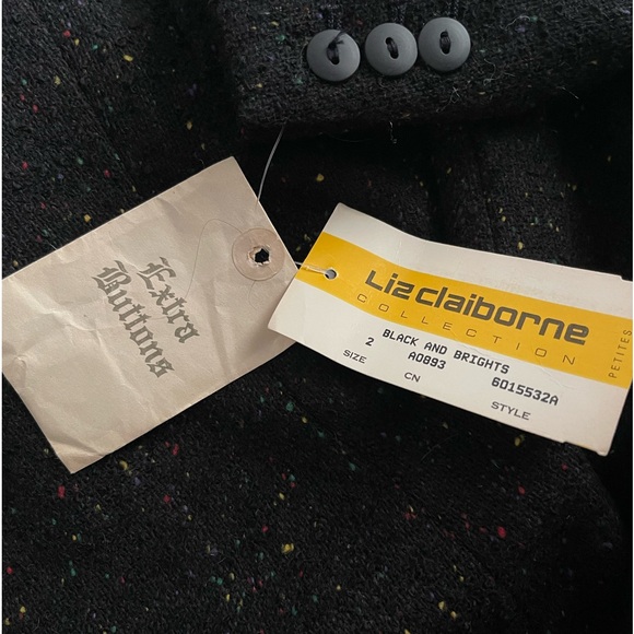 Vintage Liz Claiborne Black Speckled Pocketed Wool Tweed Blazer Petite Size 2 - Picture 6 of 7